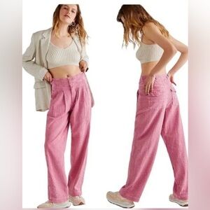 Free People Pink Thin Line Straight Leg Chino Trouser Pants